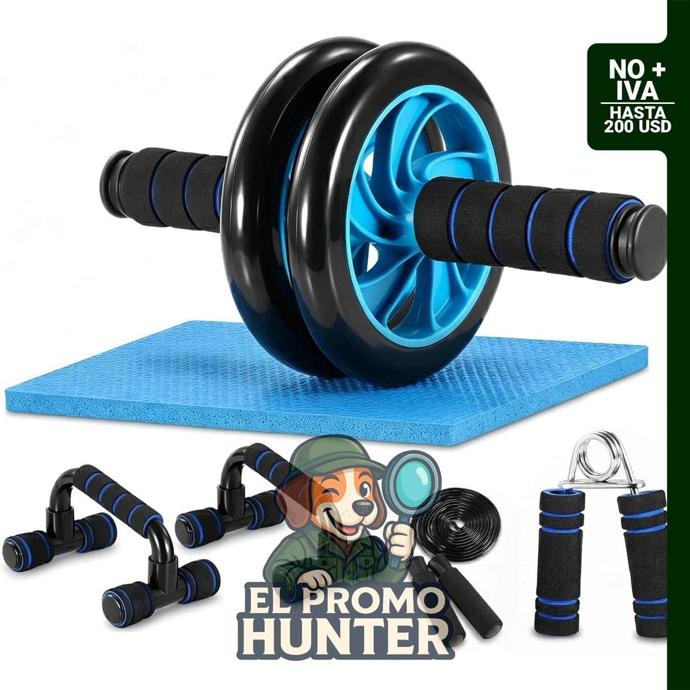 Kit de rodillos de rueda AB con barra de empuje, alfombrilla para rodillas, cuerda de saltar y agarre de mano.