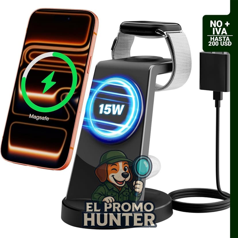 Estación de carga inalámbrica magnética 3 en 1 de 15 W para dispositivos Apple, compatible con iPhone y Apple Watch.