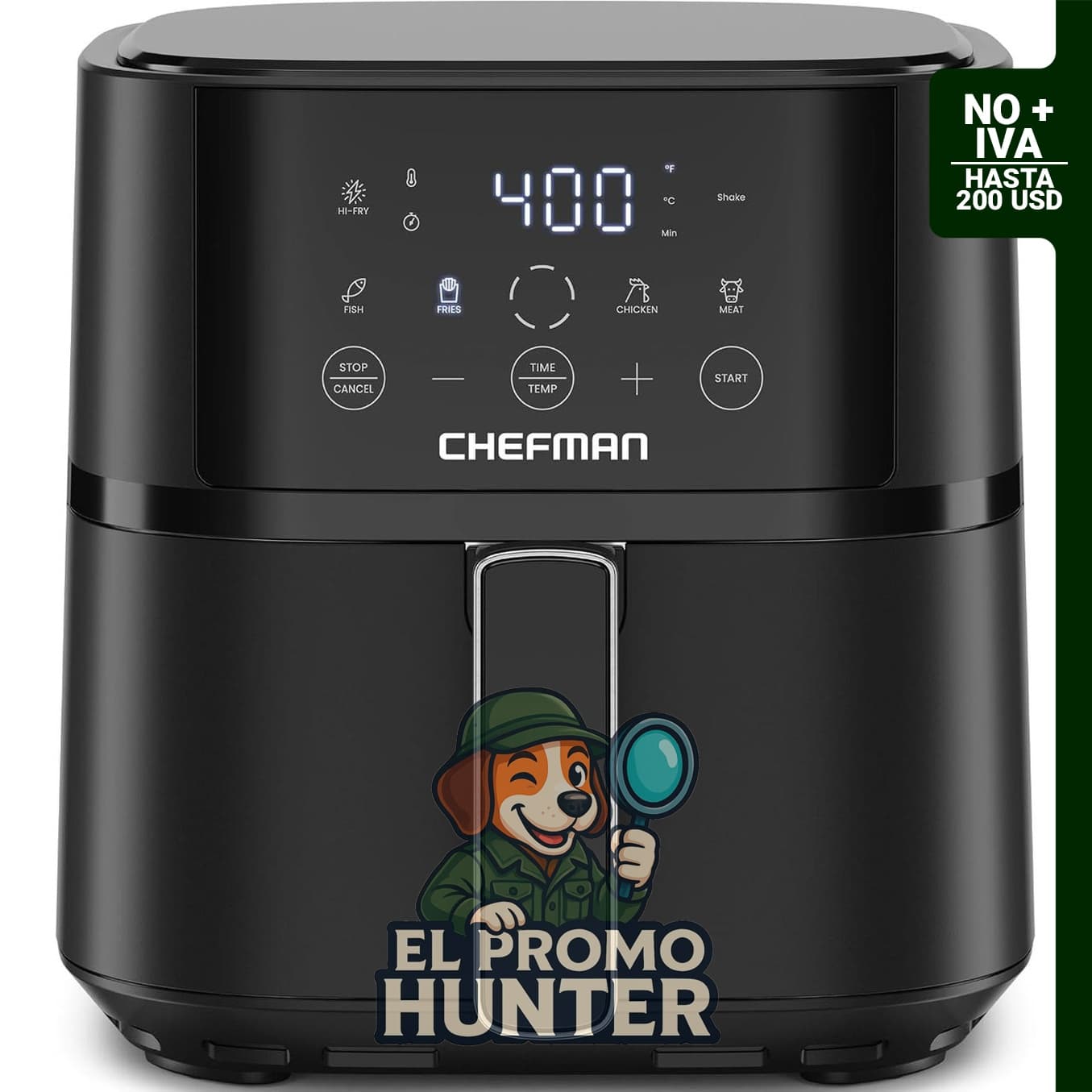 Freidora de aire Chefman de 4 cuartos (3.78 L) con tecnología Hi-Fry y controles táctiles.