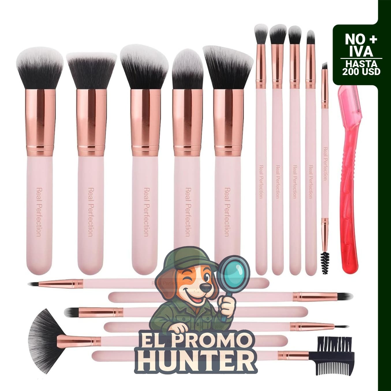 Juego de 16 brochas de maquillaje con maquinilla de afeitar para cejas, incluye correctores de polvo y rubor.
