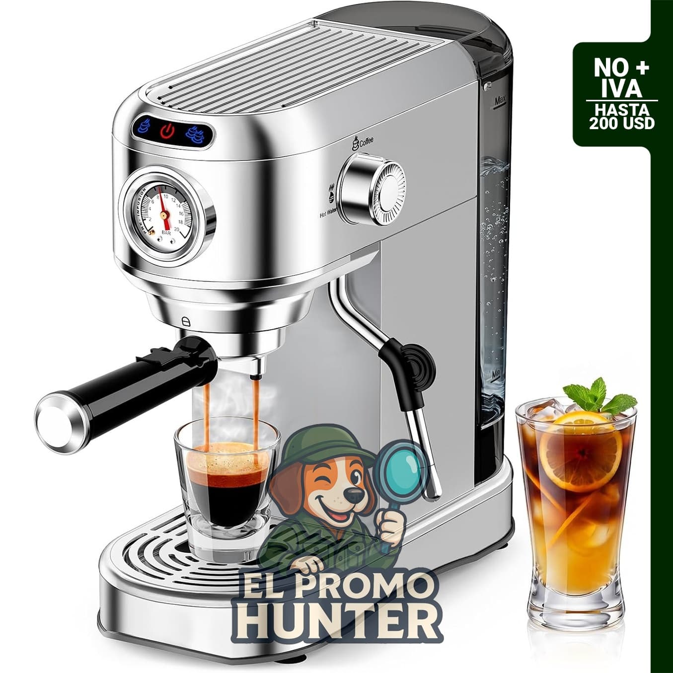 Máquina de café espresso de 20 bares, compacta con espumador de leche y tanque de agua extraíble de 1 L.