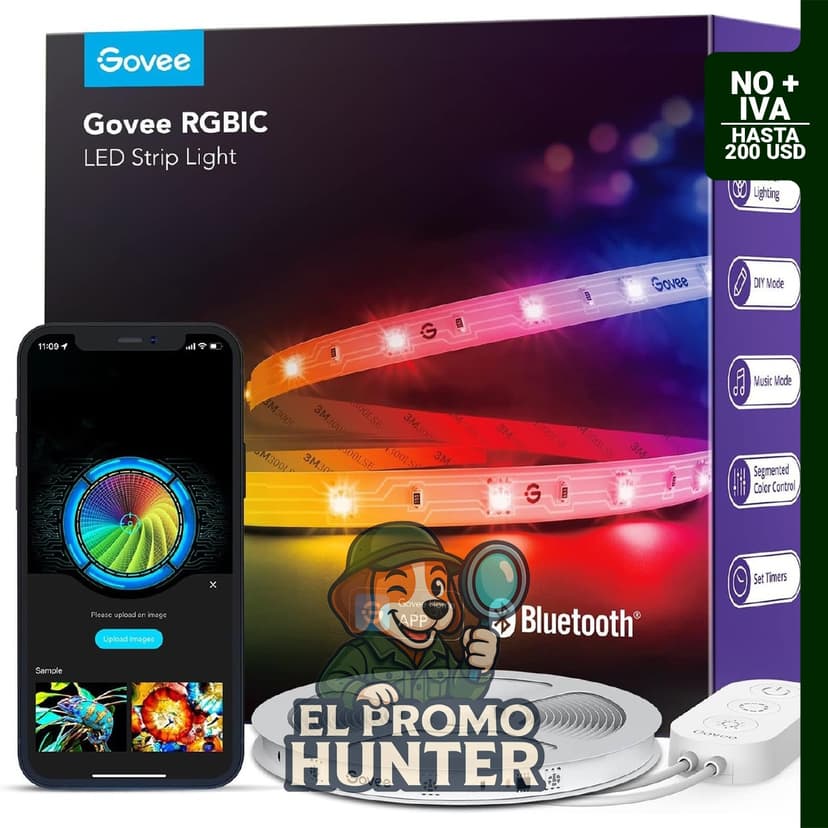 Tira de luces LED RGBIC Govee, control Bluetooth y aplicación, múltiples colores en una línea.