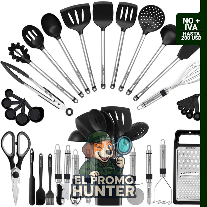 Juego de utensilios de cocina de silicona, incluye 33 piezas como espátulas y cucharas antiadherentes.