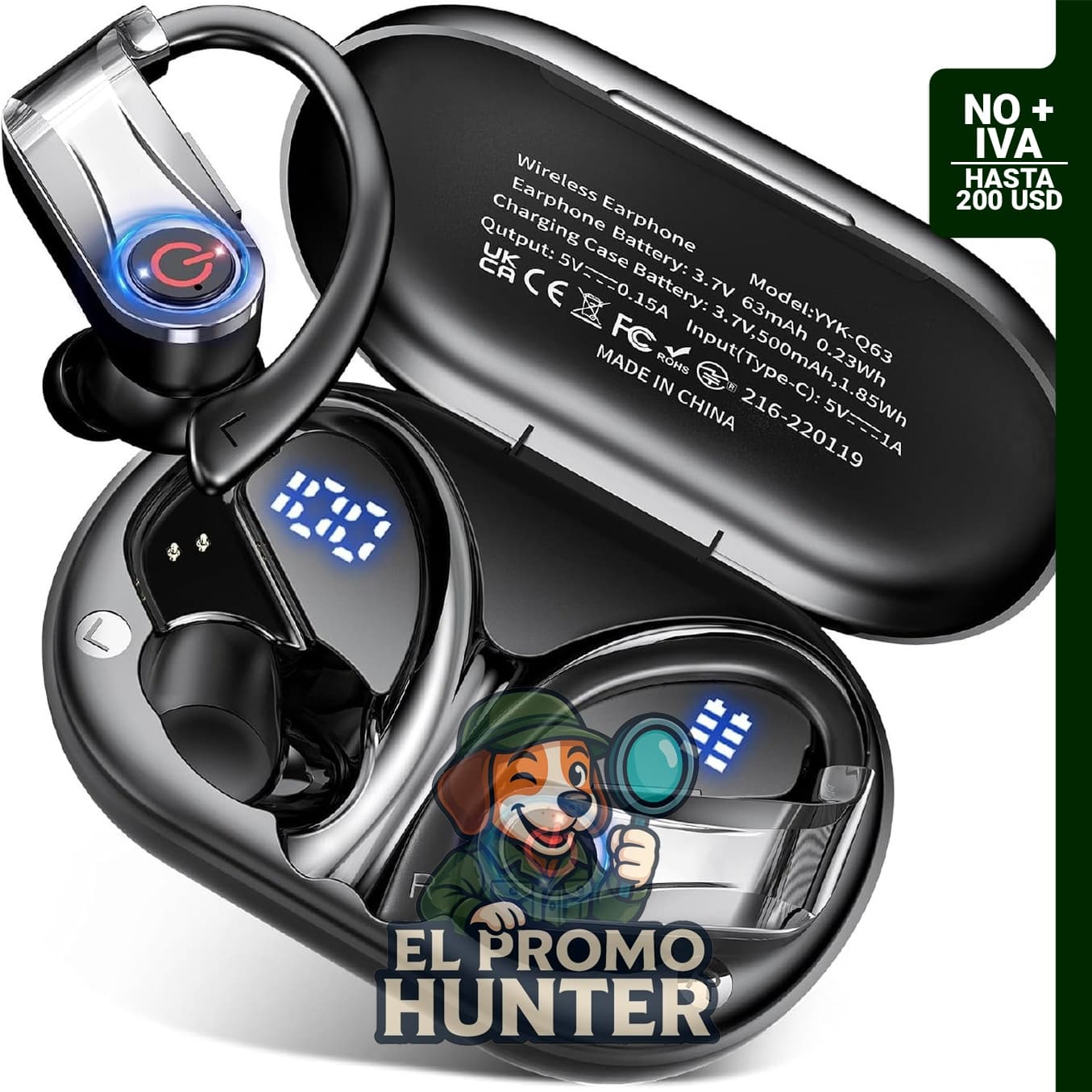 Auriculares inalámbricos Bluetooth 6.1 con gancho para la oreja, funda de carga inalámbrica y pantalla digital.