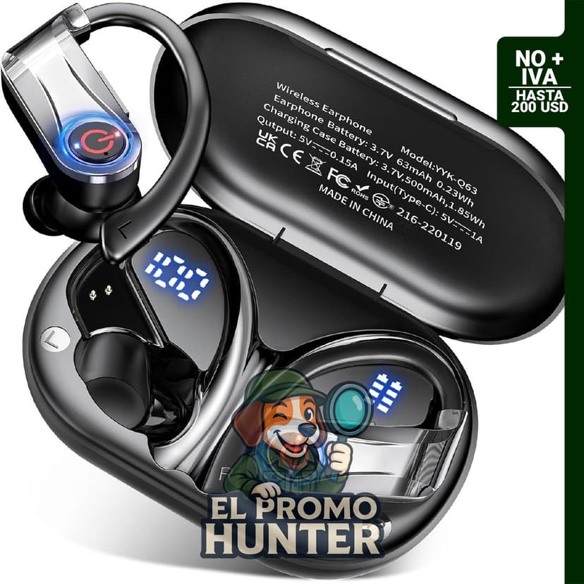 Auriculares inalámbricos Bluetooth 6.1 con gancho para la oreja, funda de carga inalámbrica y pantalla digital.