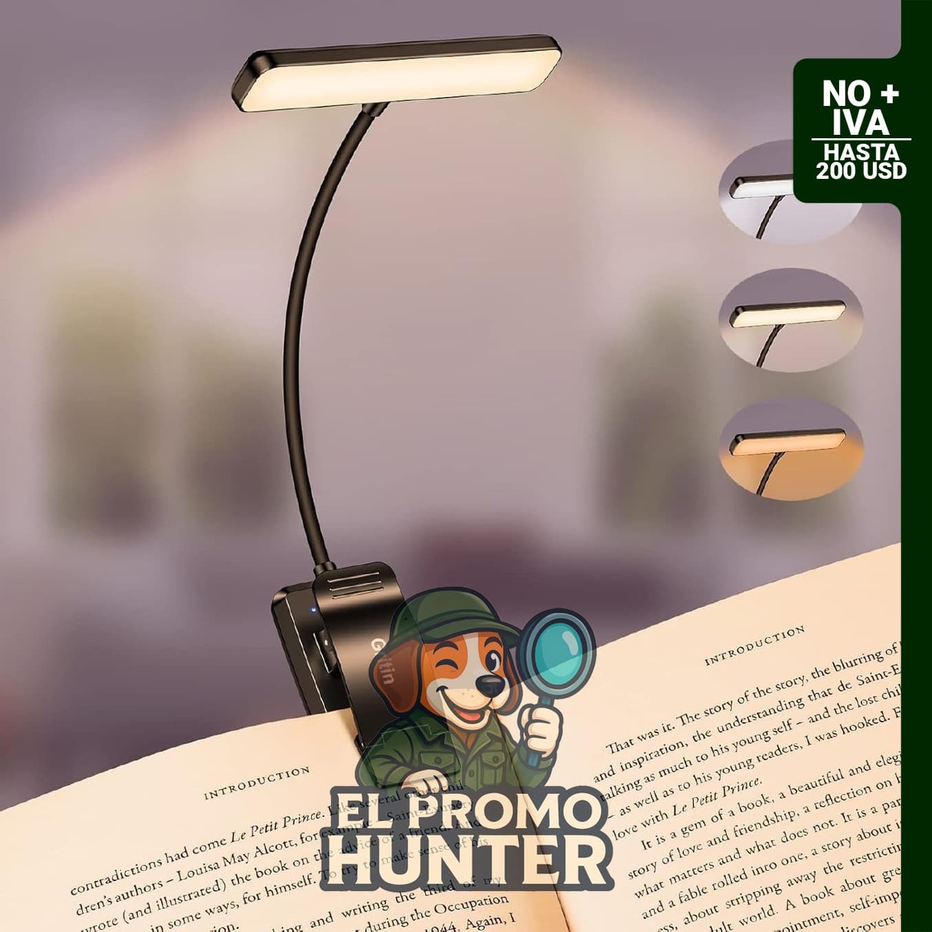 Luz de lectura recargable Gritin con 19 LED, 3 temperaturas de color y brillo regulable.