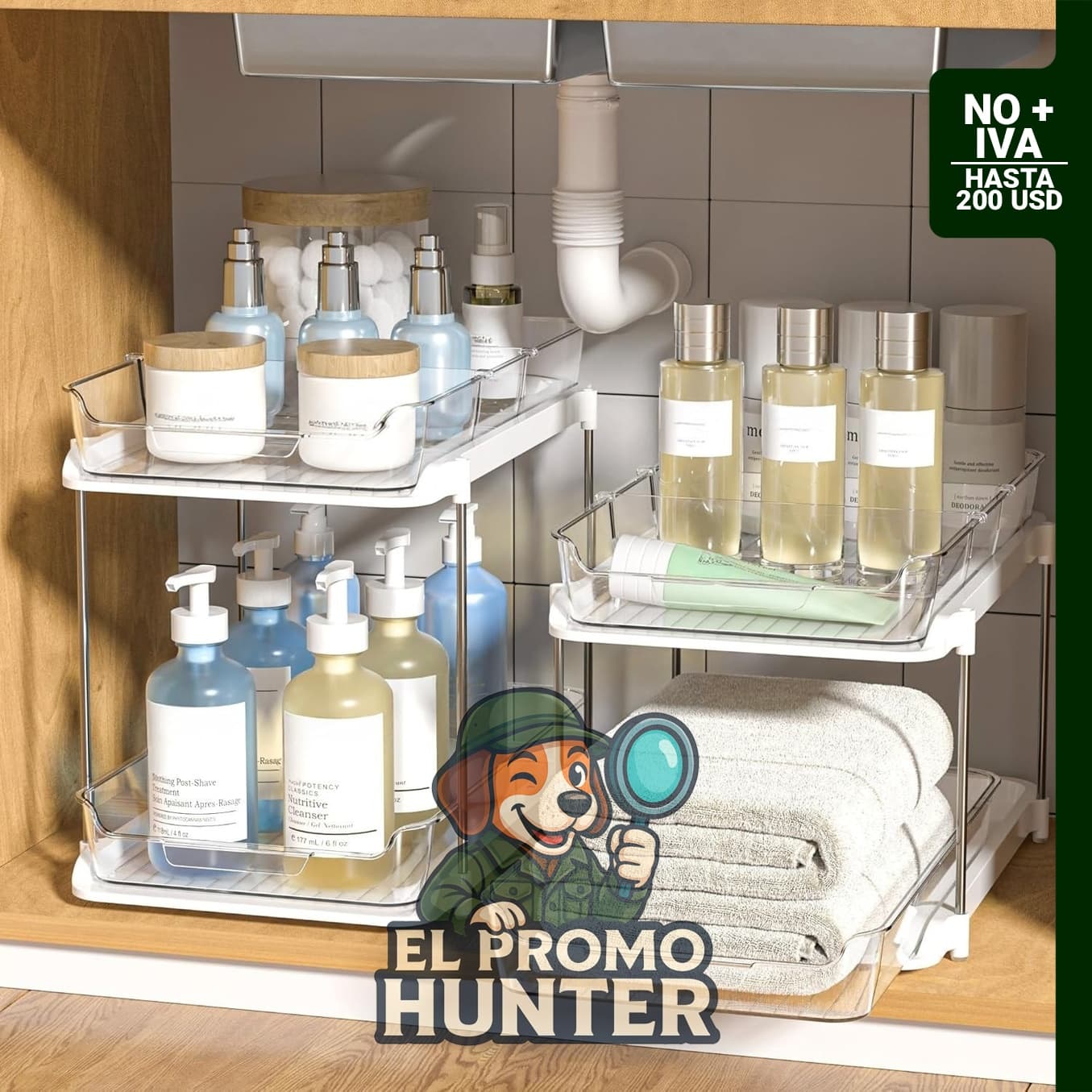 Organizadores apilables de 2 niveles para almacenamiento en cocina y baño.
