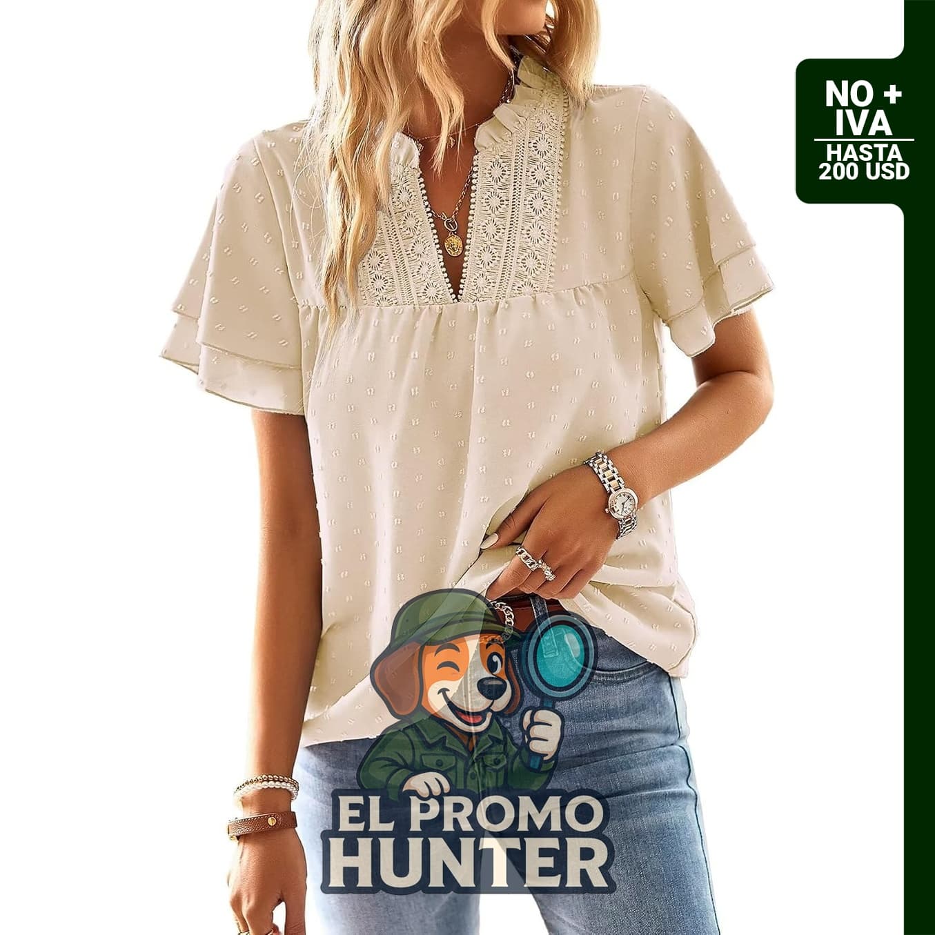 Blusa de mujer con manga de mariposa y cuello en V, diseño fluido con volantes suizos y manga corta.
