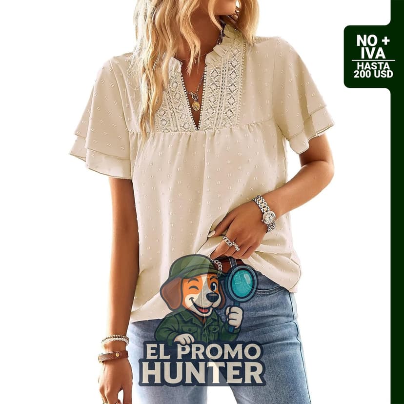 Blusa de mujer con manga de mariposa y cuello en V, diseño fluido con volantes suizos y manga corta.