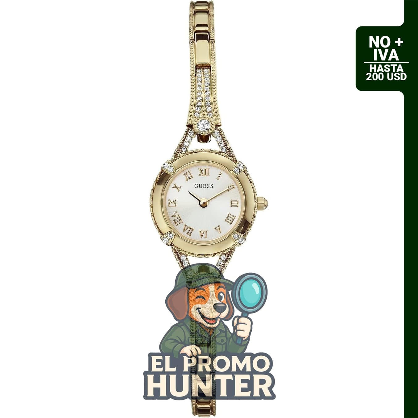 Reloj de pulsera de cristal con brazalete de tono plateado de Guess.
