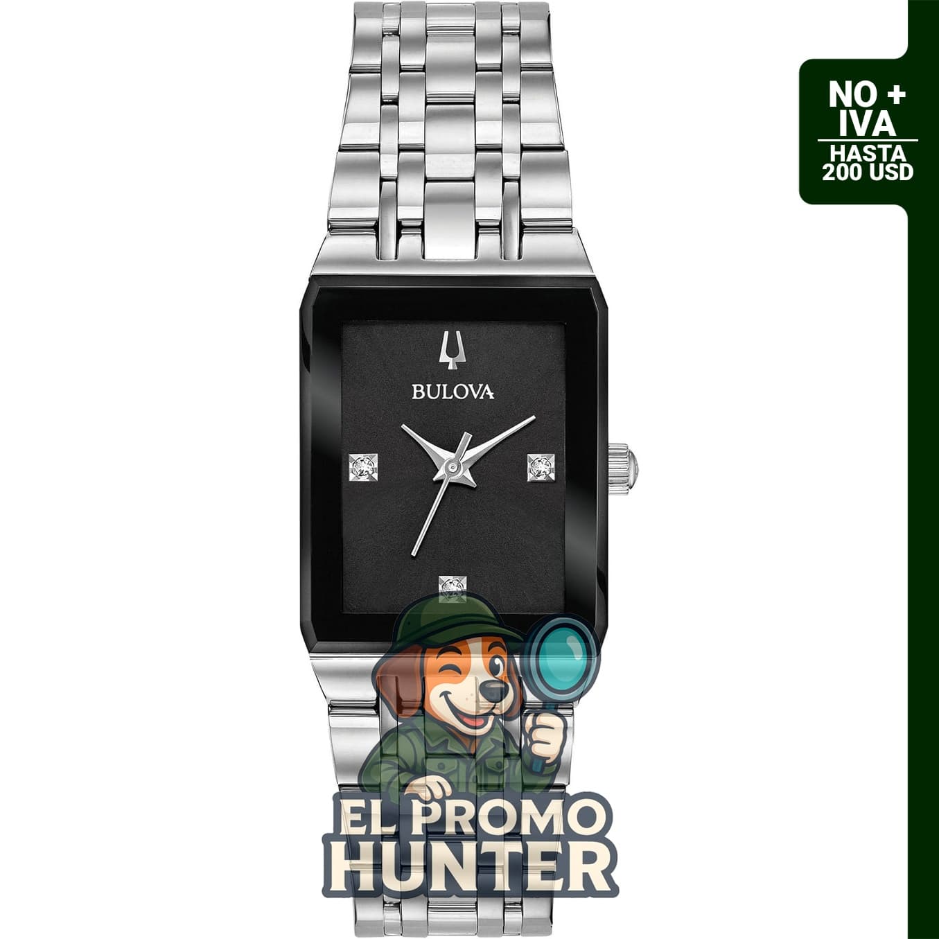 Reloj de cuarzo de acero inoxidable para mujer con esfera negra y diamantes, modelo Bulova 96P202.