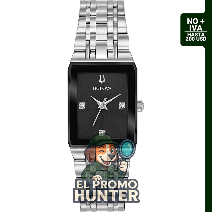 Reloj de cuarzo de acero inoxidable para mujer con esfera negra y diamantes, modelo Bulova 96P202.