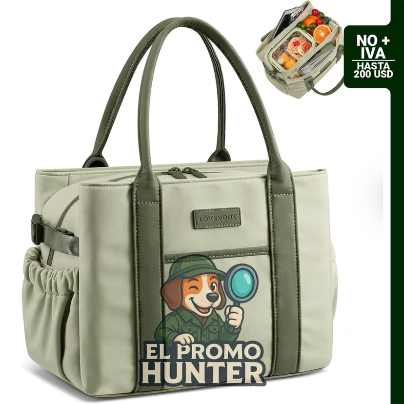 Bolsa de almuerzo aislada LOVEVOOK con tres compartimentos y soporte para botella, reutilizable, capacidad de 11 L.