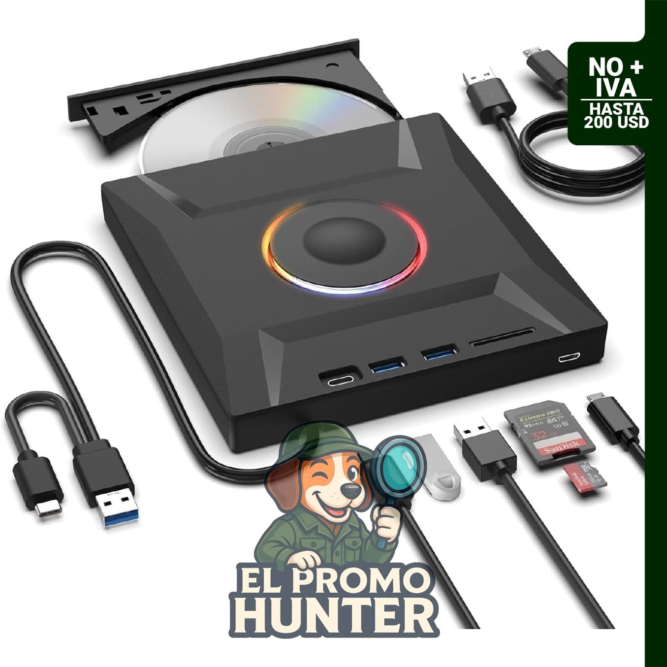 Unidad externa de CD/DVD 7 en 1, lector y quemador óptico USB 3.0 y tipo C para PC y Mac.