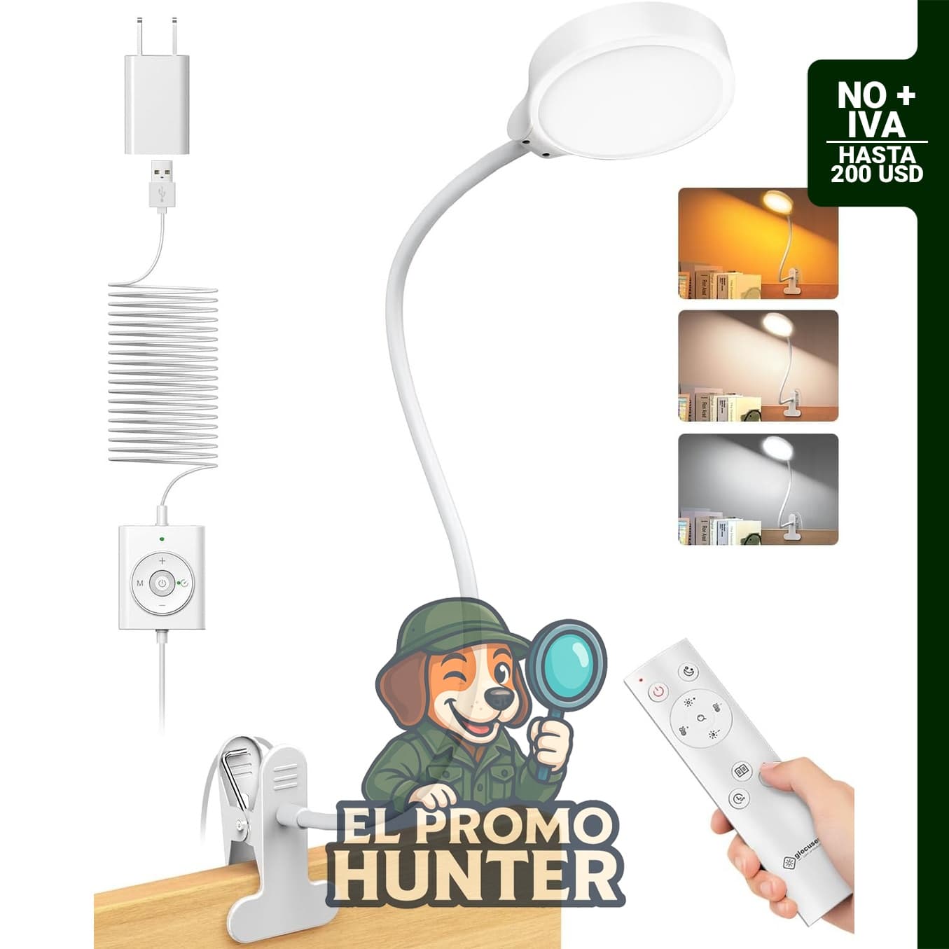 Lámpara de clip Glocusent de 5 W con control remoto, 3 colores y 5 niveles de brillo.