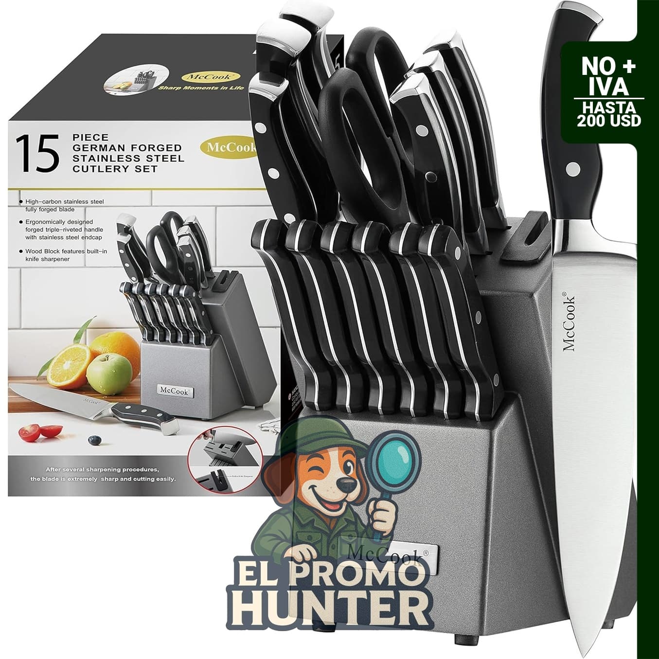 Juego de cuchillos de cocina alemán de acero inoxidable de 15 piezas con afilador incorporado.