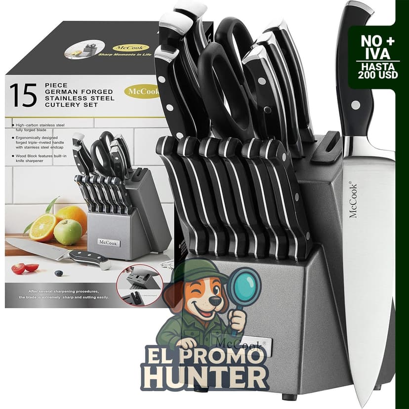 Juego de cuchillos de cocina alemán de acero inoxidable de 15 piezas con afilador incorporado.