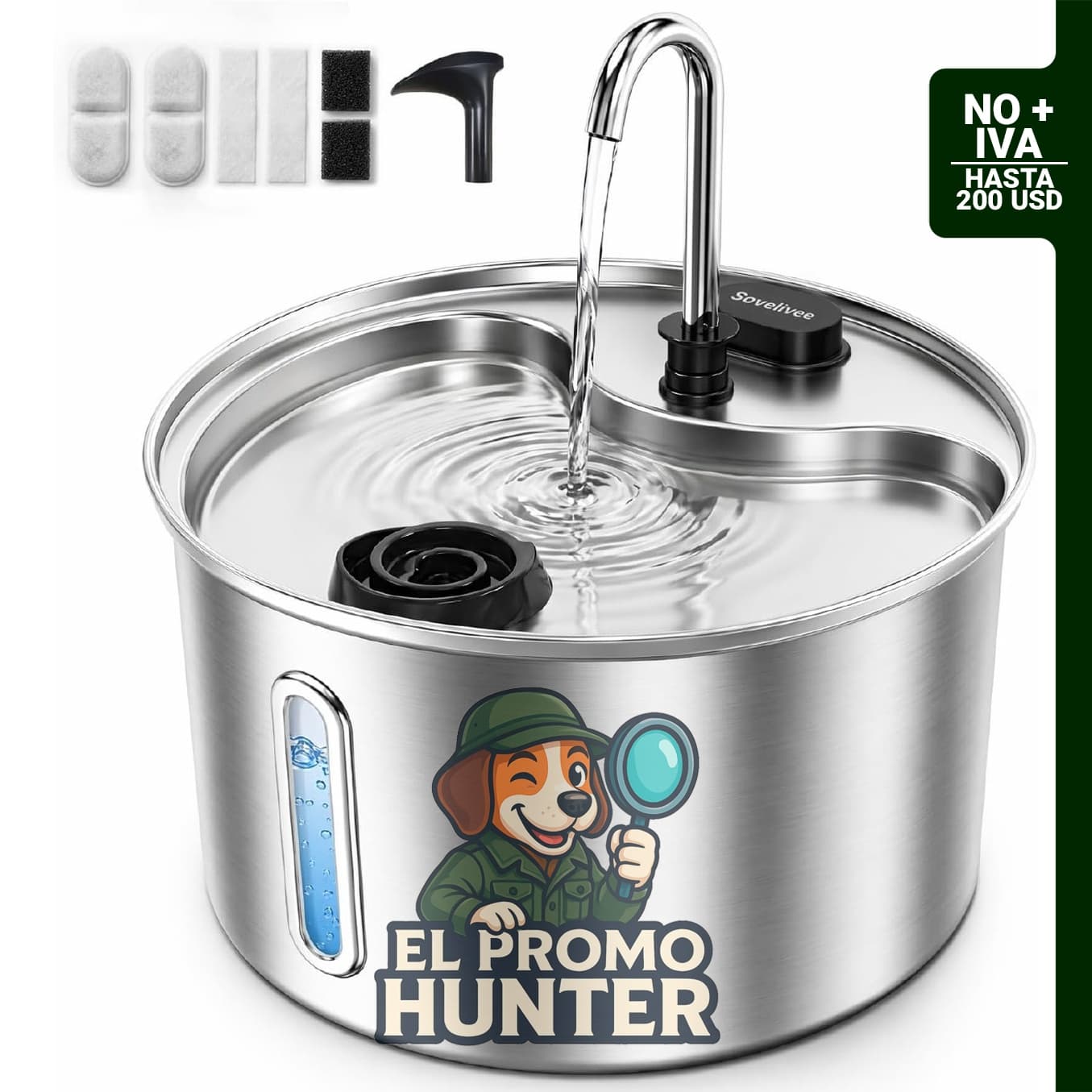 Fuente de agua para gatos de acero inoxidable de 3.5 L con bomba silenciosa y ventana LED de nivel de agua.