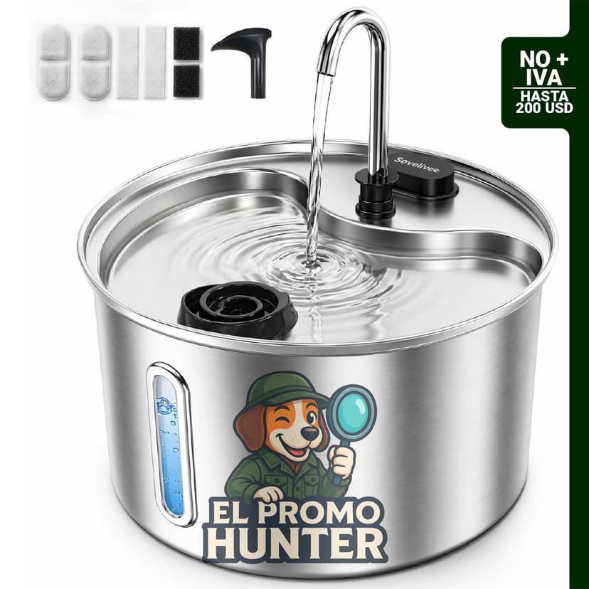 Fuente de agua para gatos de acero inoxidable de 3.5 L con bomba silenciosa y ventana LED de nivel de agua.