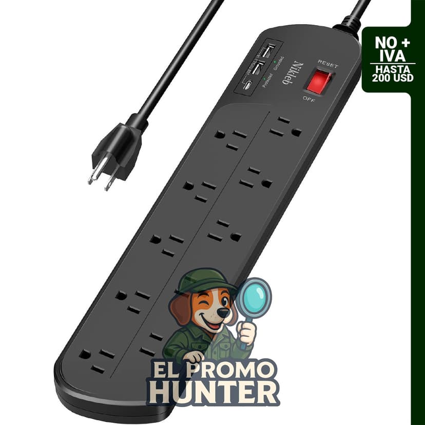 Regleta de extensión con 10 tomas de corriente y 3 puertos USB (2 USB y 1 USB-C) de carga rápida.