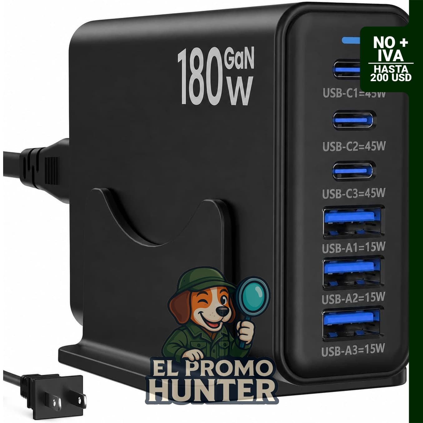 Estación de carga de 180W con 6 puertos, incluye 3 puertos USB-C de 45W y 3 puertos USB-A de 15W.