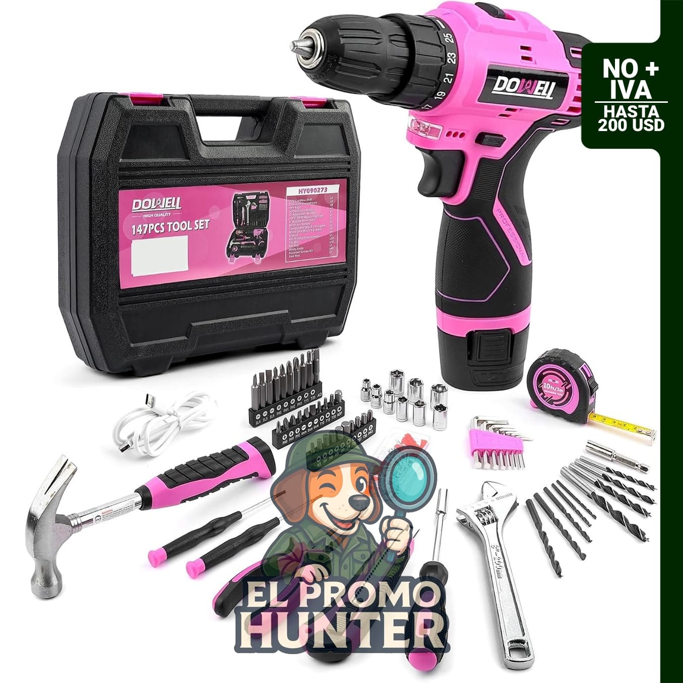 Juego de herramientas rosa de 147 piezas con taladro inalámbrico de 12V y portabrocas de 3/8" (9,5 mm).