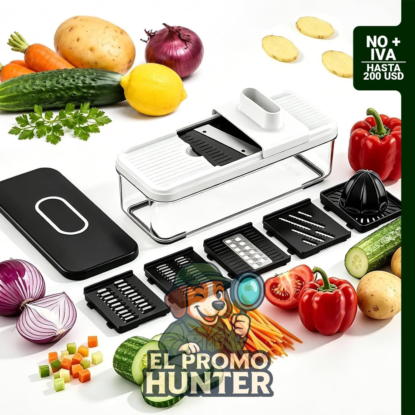 Cortador de verduras de mandolina 7 en 1 con 5 cuchillas intercambiables y recipiente.