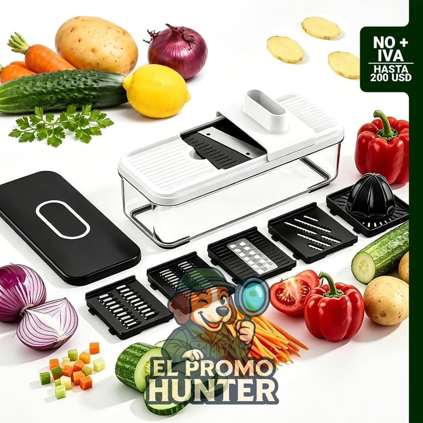 Cortador de verduras de mandolina 7 en 1 con 5 cuchillas intercambiables y recipiente.