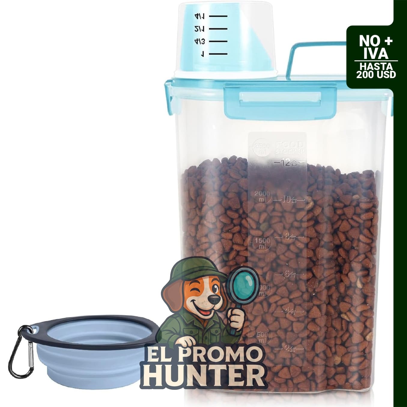 Contenedor de almacenamiento de alimentos para perros y gatos de 3 L con cuenco plegable.