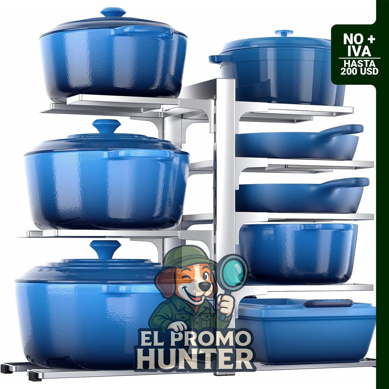 Organizador de ollas y sartenes ajustable de 8 niveles, soporta hasta 54 kg, color plateado.