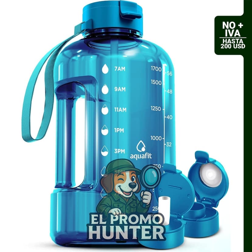 Botella de agua de 64 oz (1.89 L) con marcador de tiempo y tapa para popote, sin BPA.