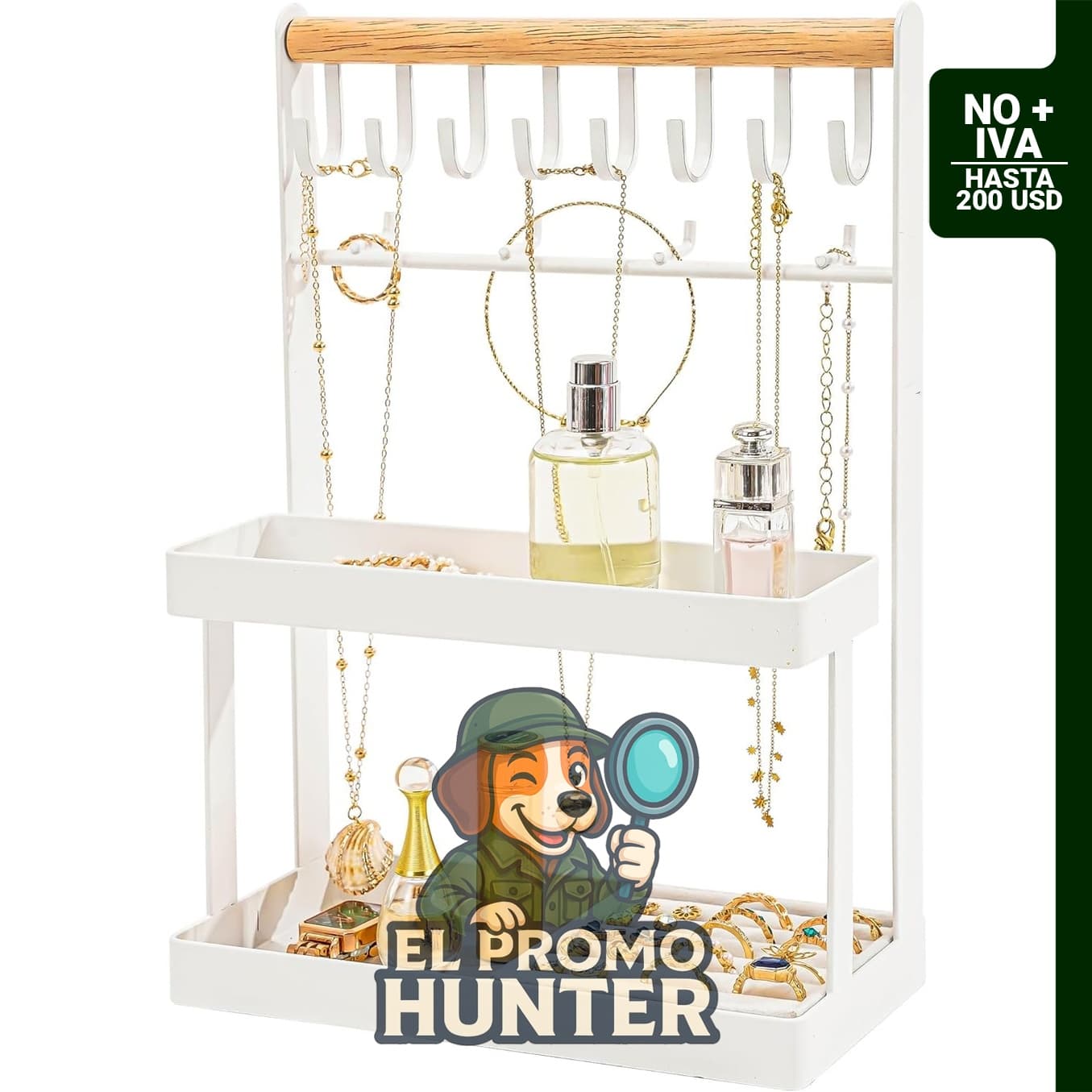 Soporte organizador de joyas de 4 niveles con 12 ganchos y bandeja de anillo de terciopelo.
