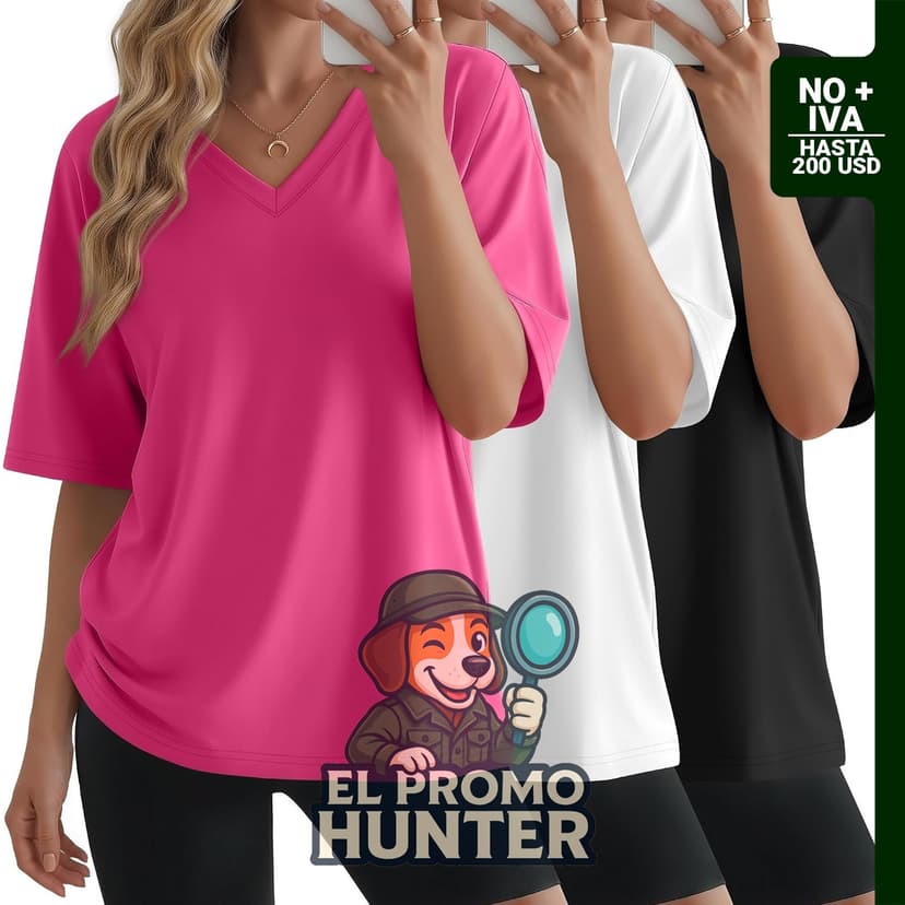 Paquete de 3 camisetas de gran tamaño para mujer, cuello en V, ajuste holgado.