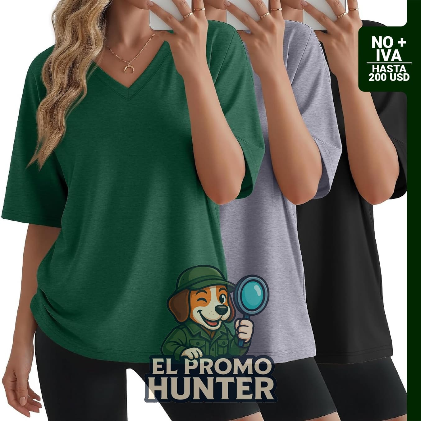 Paquete de 3 camisetas de gran tamaño para mujer, cuello en V, ajuste holgado.