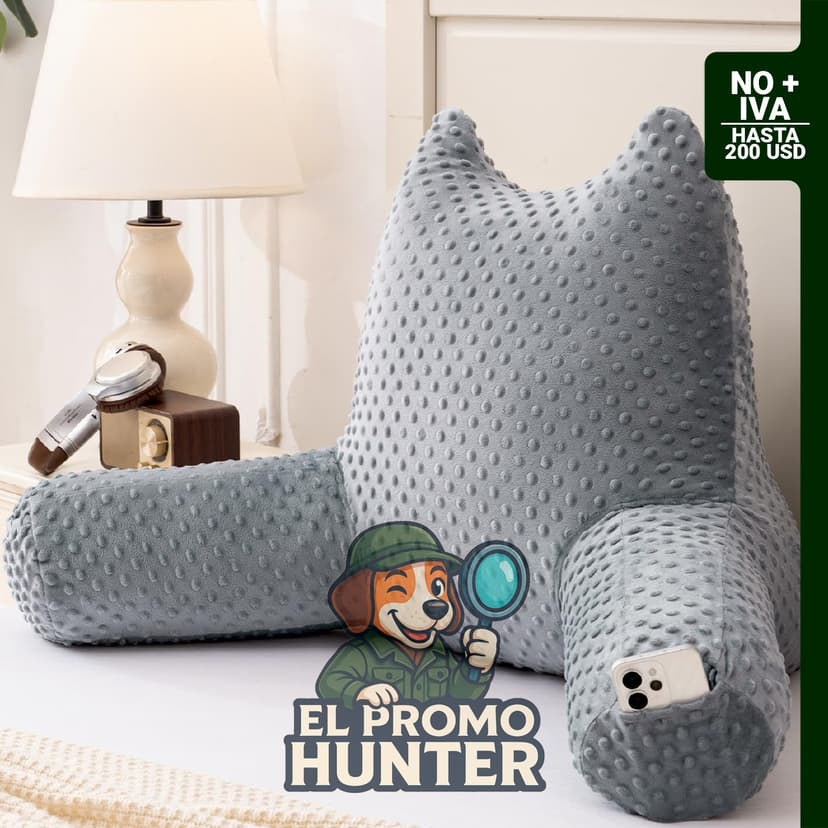 Almohada de lectura de 48 cm con brazos y bolsillos, diseñada para soporte en la espalda al estar sentado.