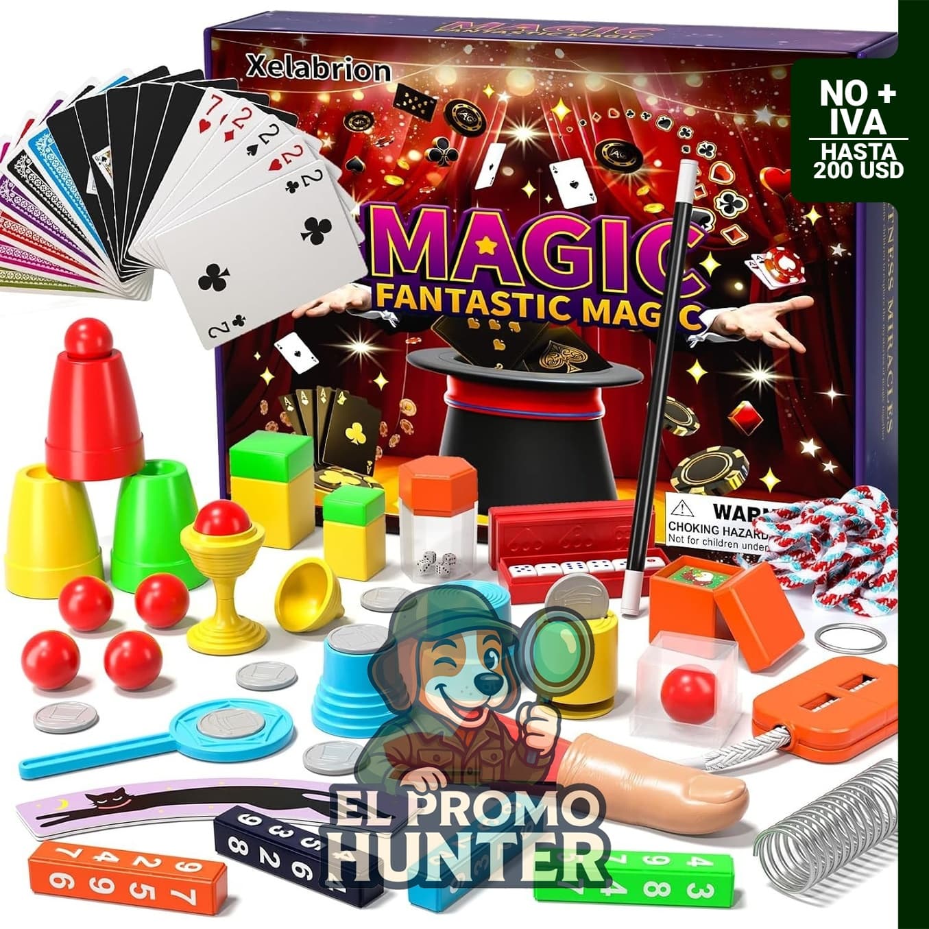 Kit de magia infantil con 130 trucos y 20 accesorios, incluye varita mágica y manual.