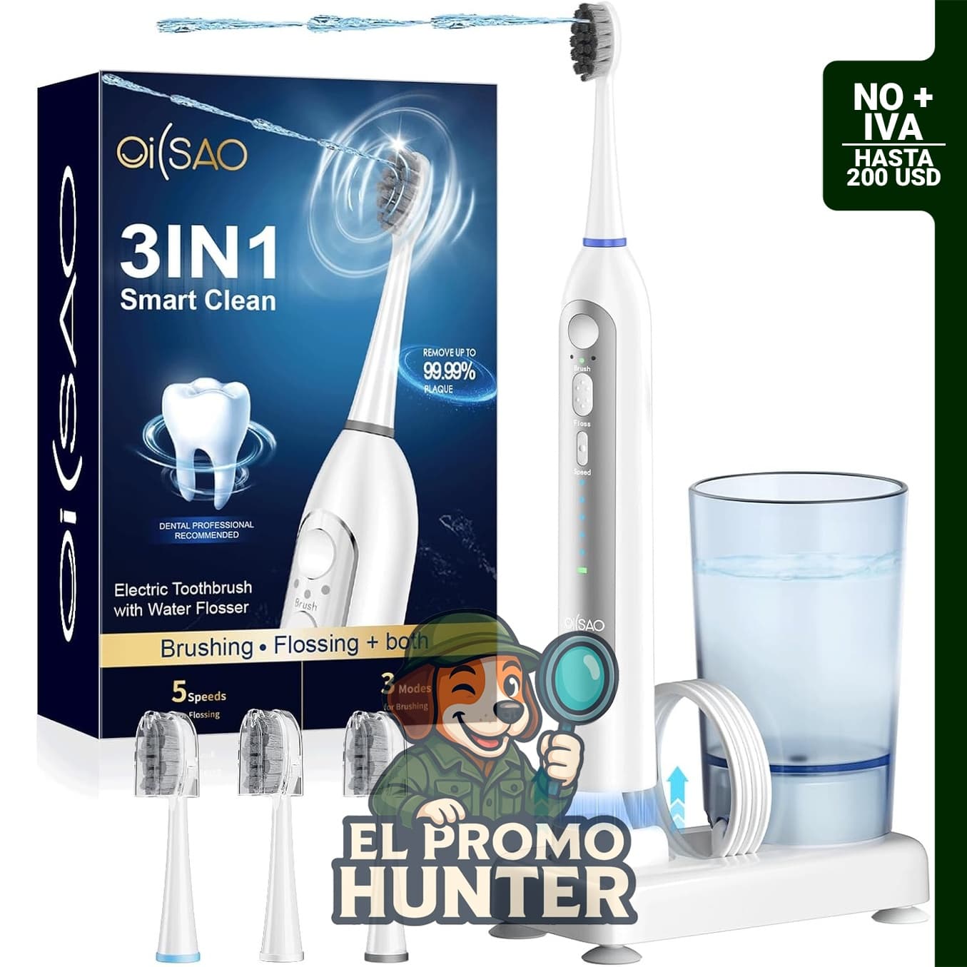 Cepillo de dientes eléctrico con hilo dental de agua, 5 velocidades y 3 modos, recargable y resistente al agua.