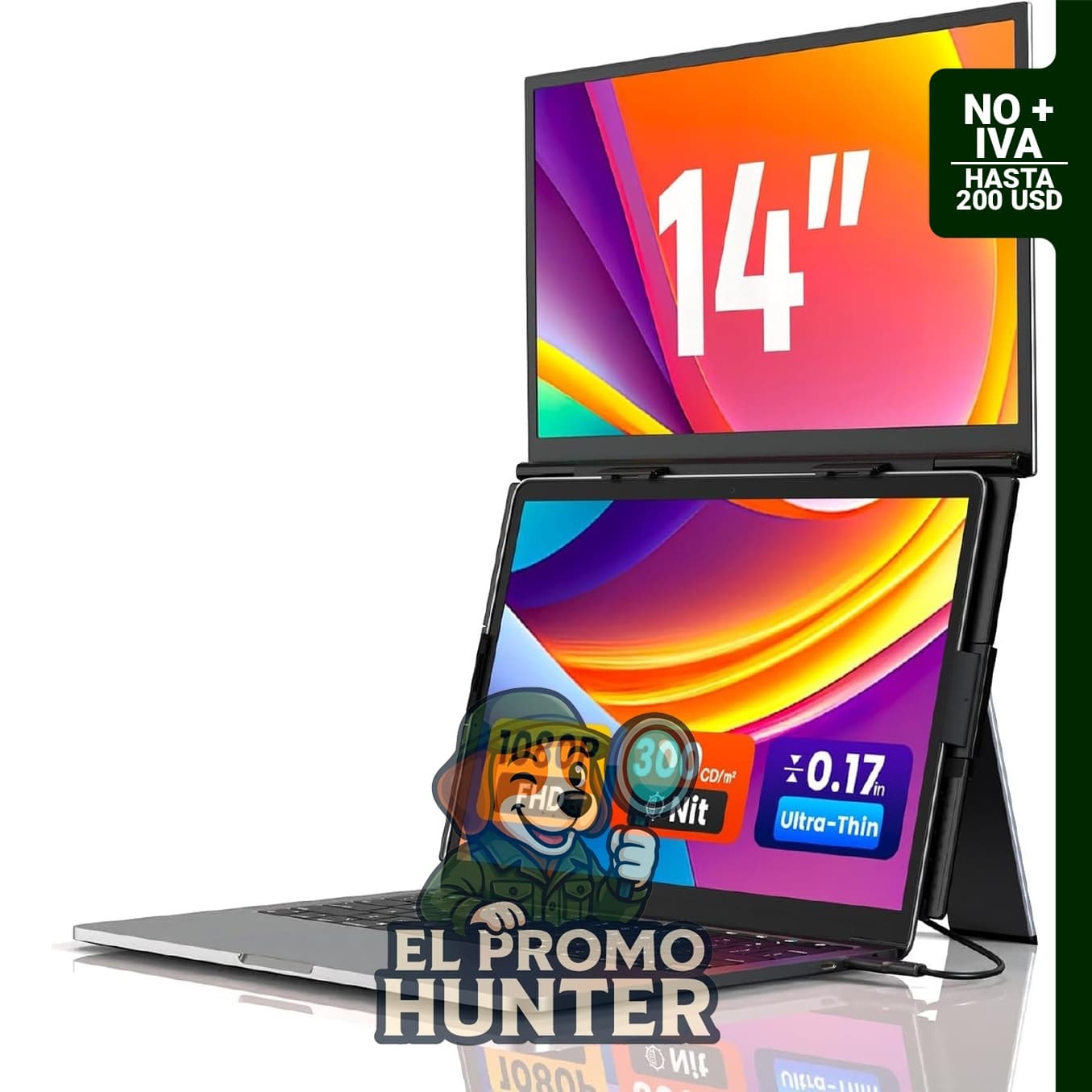 Extensor de pantalla IPS dual de 14" para laptops de 13 a 17.3", resolución 1080P, conexión USB-C y HDMI.