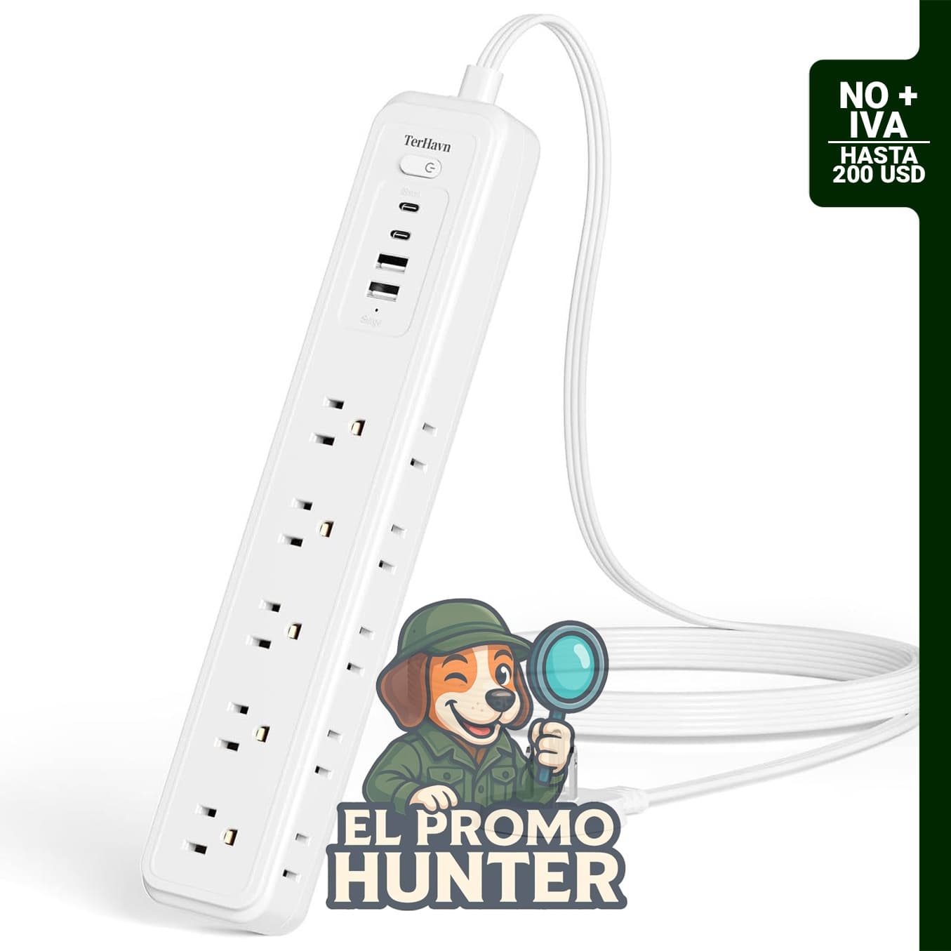 Protector contra sobretensiones con 15 tomacorrientes y 4 puertos USB (2 USB-C, 2 USB-A), 5 pies de cable.