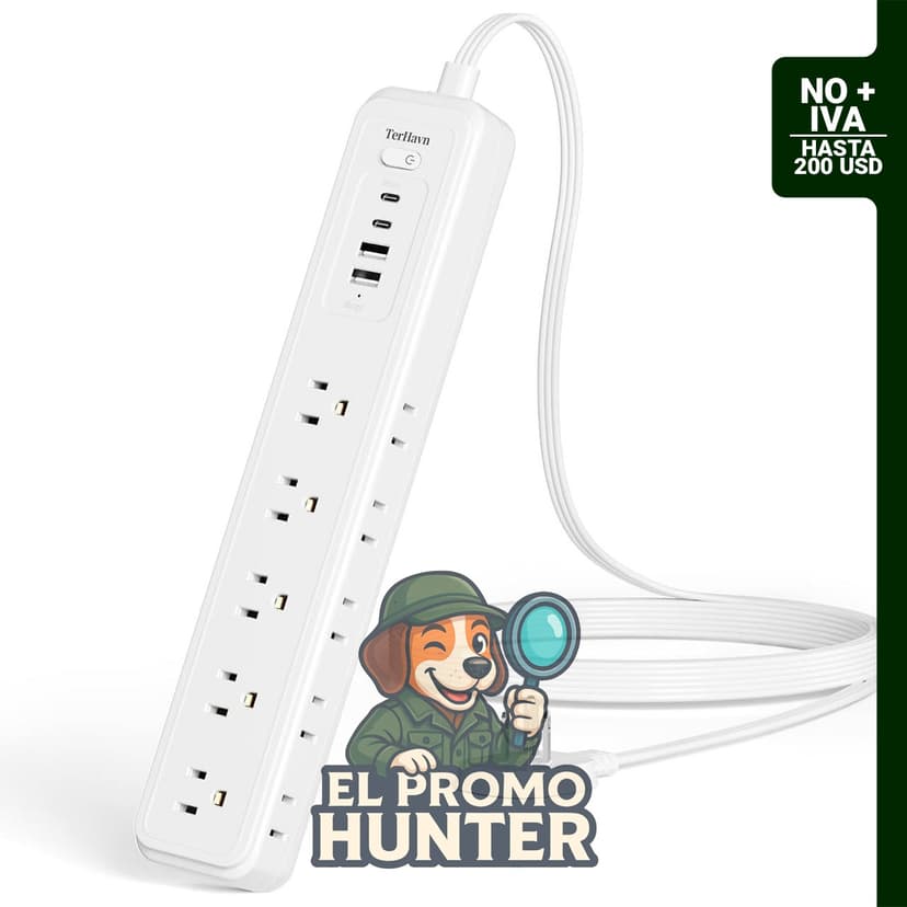 Protector contra sobretensiones con 15 tomacorrientes y 4 puertos USB (2 USB-C, 2 USB-A), 5 pies de cable.