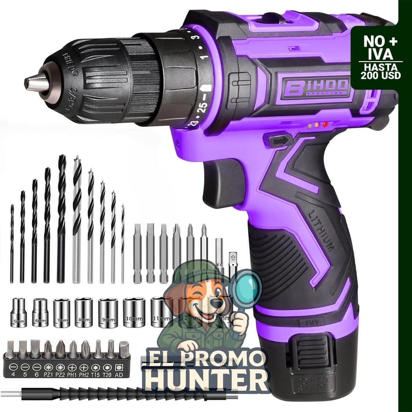 Taladro inalámbrico de 12 V con portabrocas sin llave de 3/8" (0.95 cm), 25+1 ajustes de par, 25 Nm, 0-1600 RPM.