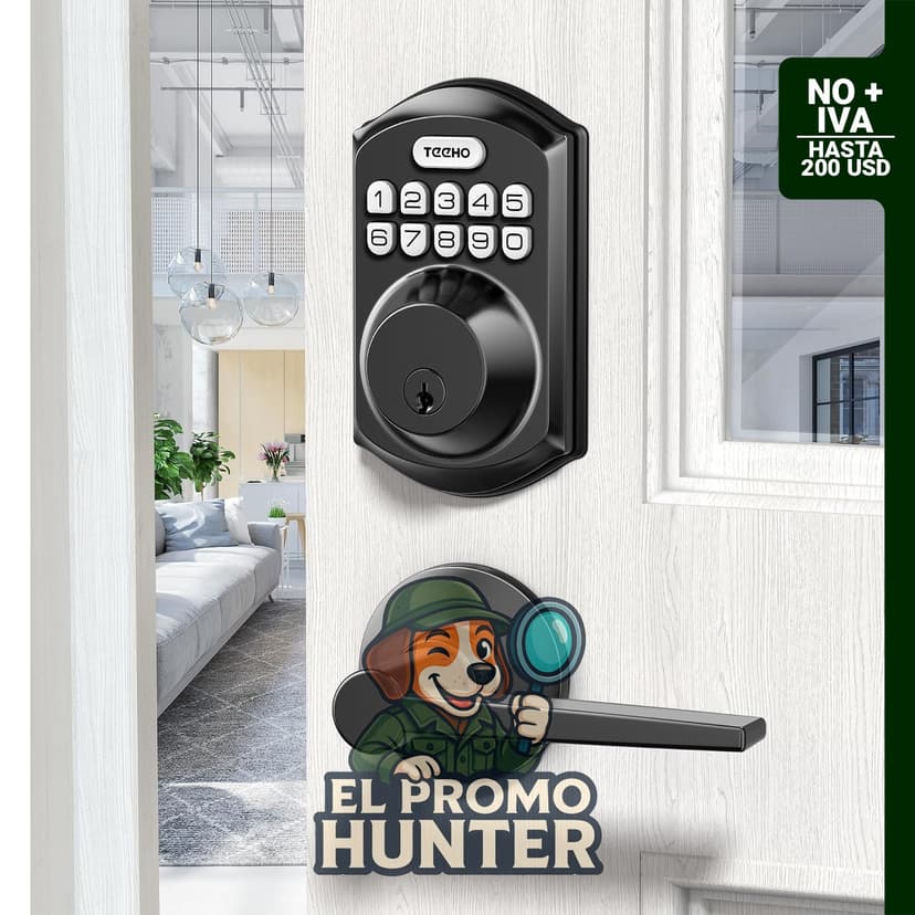Cerradura electrónica de puerta sin llave con 2 asas y cerrojo, instalación sencilla, color negro mate.