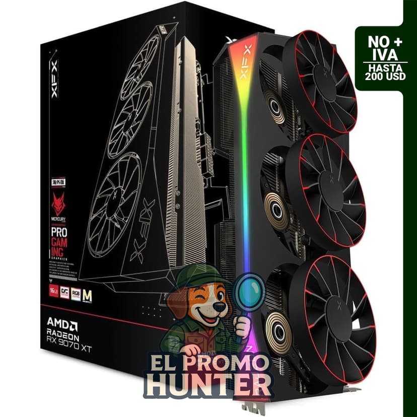 Tarjeta gráfica XFX Mercury AMD Radeon RX 9070XT OC con RGB, 16 GB GDDR6, HDMI y 3x DisplayPort.