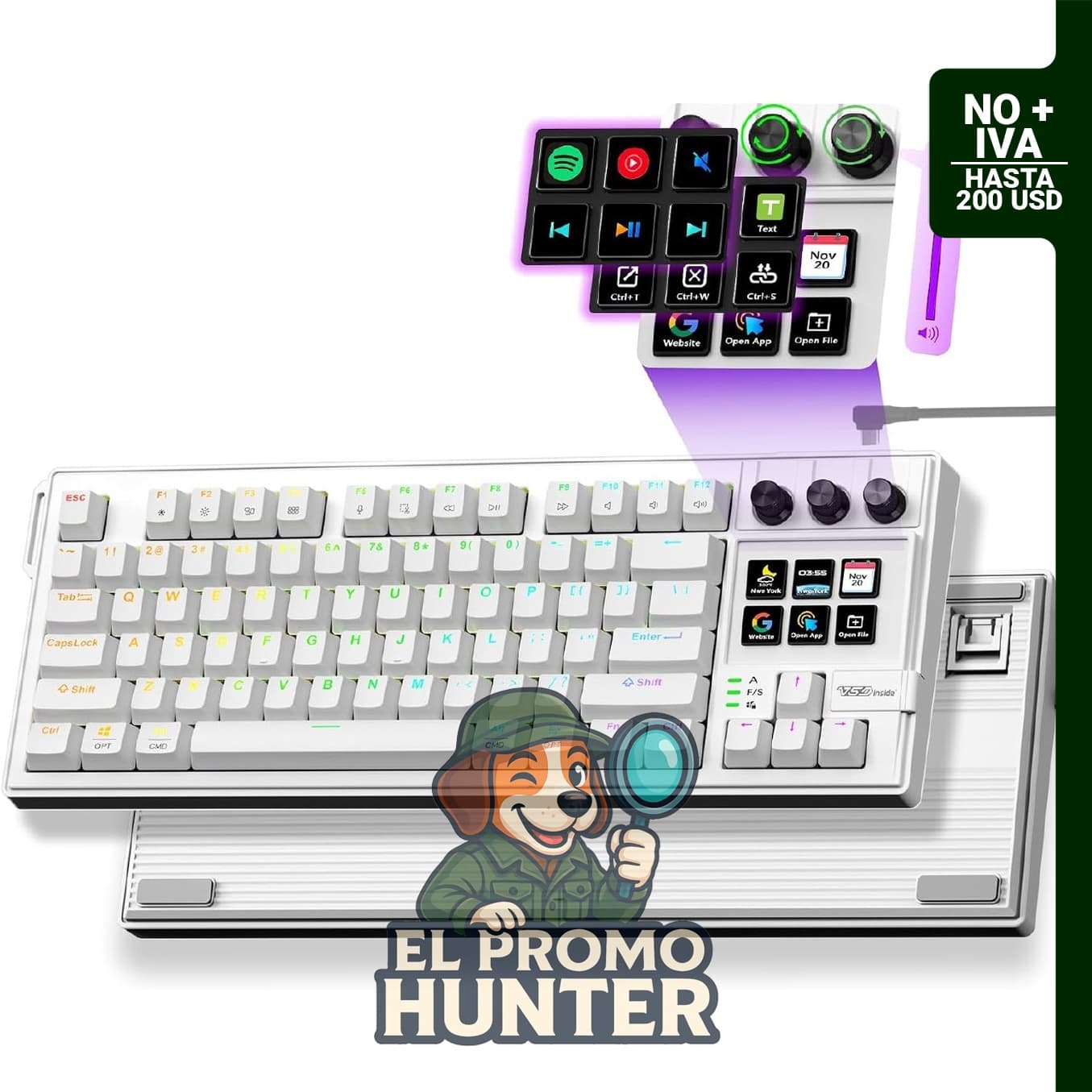 Teclado mecánico con teclas programables, panel de macros y controlador de transmisión con pantalla.