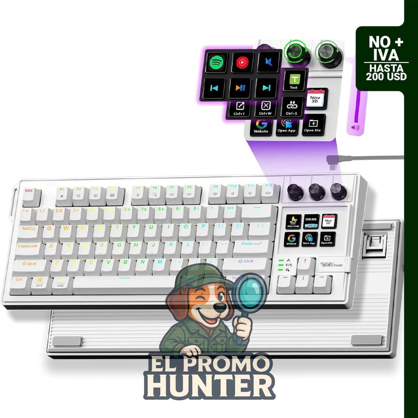 Teclado mecánico con teclas programables, panel de macros y controlador de transmisión con pantalla.