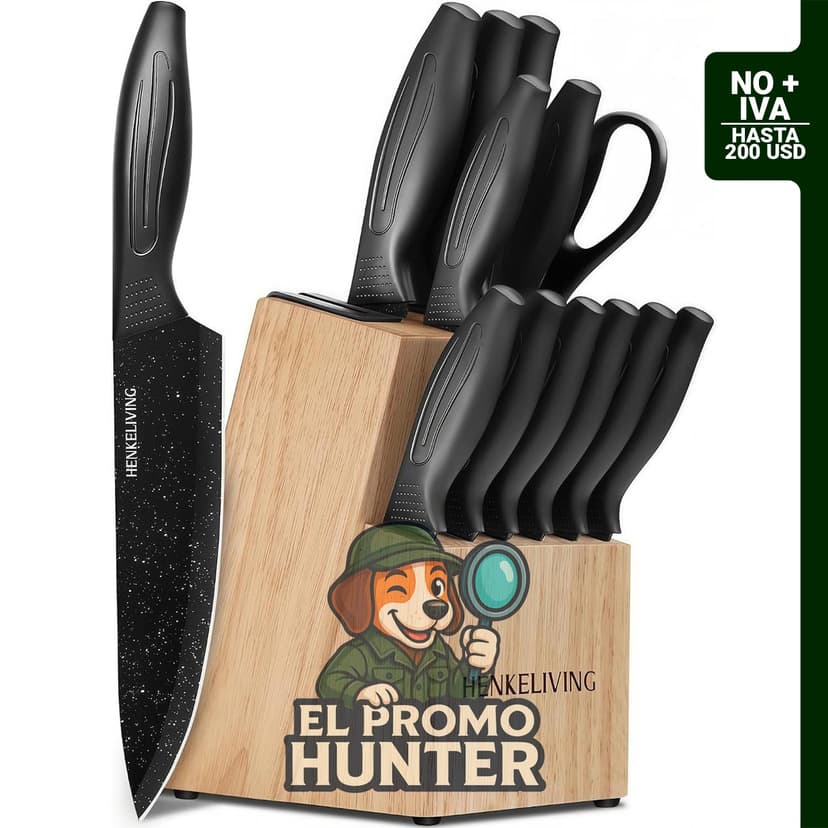 Juego de cuchillos con bloque afilador integrado, acero inoxidable de alto carbono, apto para lavavajillas.