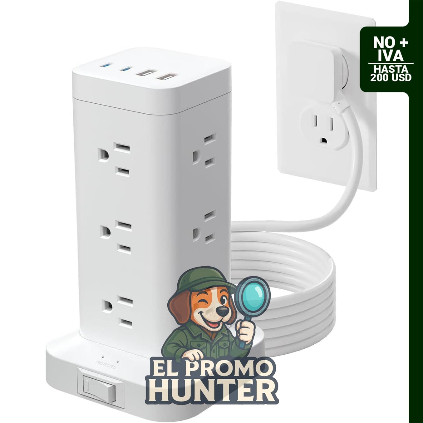 Regleta de alimentación de torre con 12 tomas y 4 puertos USB (2 USB-C), incluye protector de sobretensiones de 1800J.