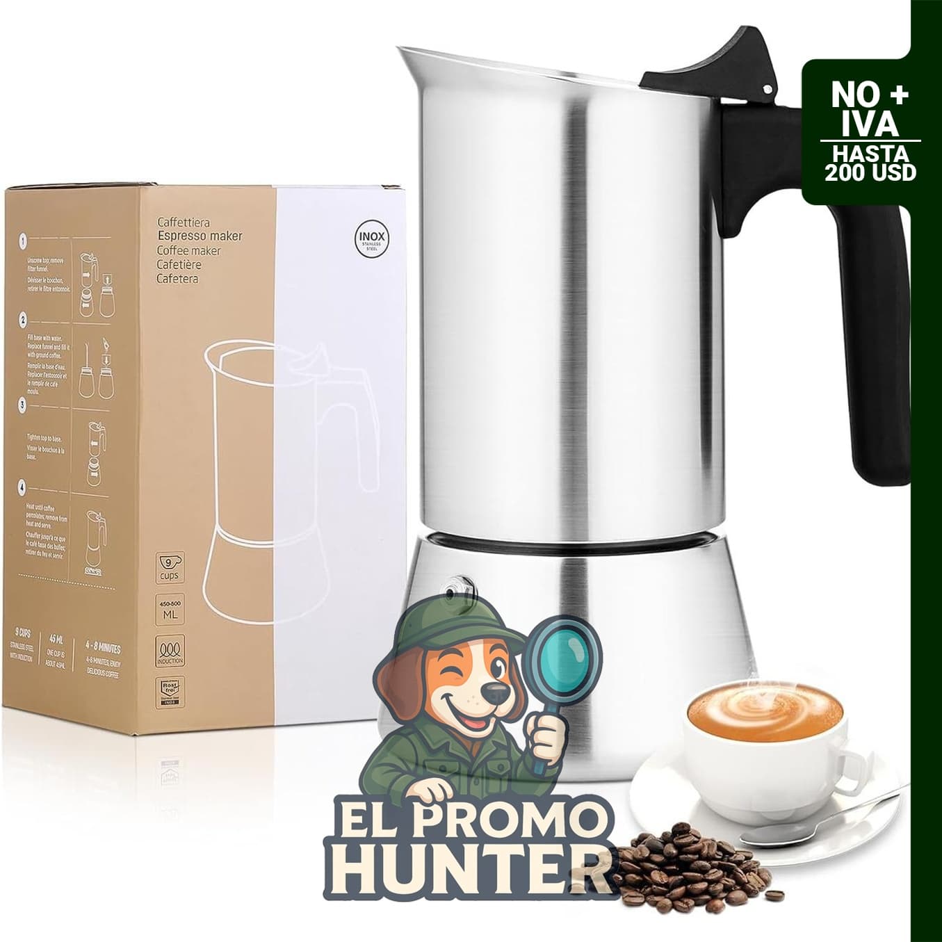 Cafetera de café expreso de acero inoxidable, 9 tazas, compatible con cocinas de inducción.