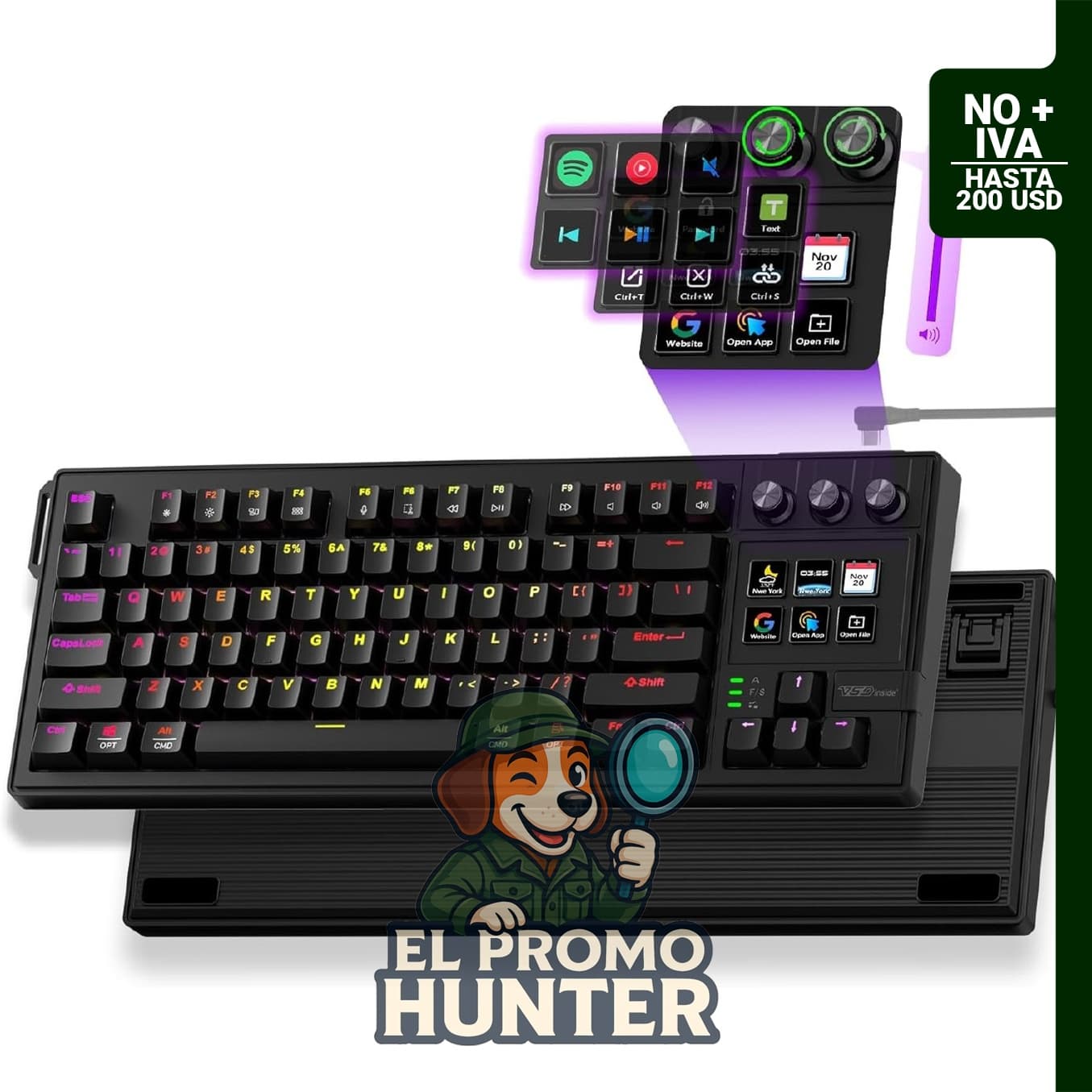 Teclado mecánico con teclas programables y panel de macros, incluye pantalla y perilla de control.