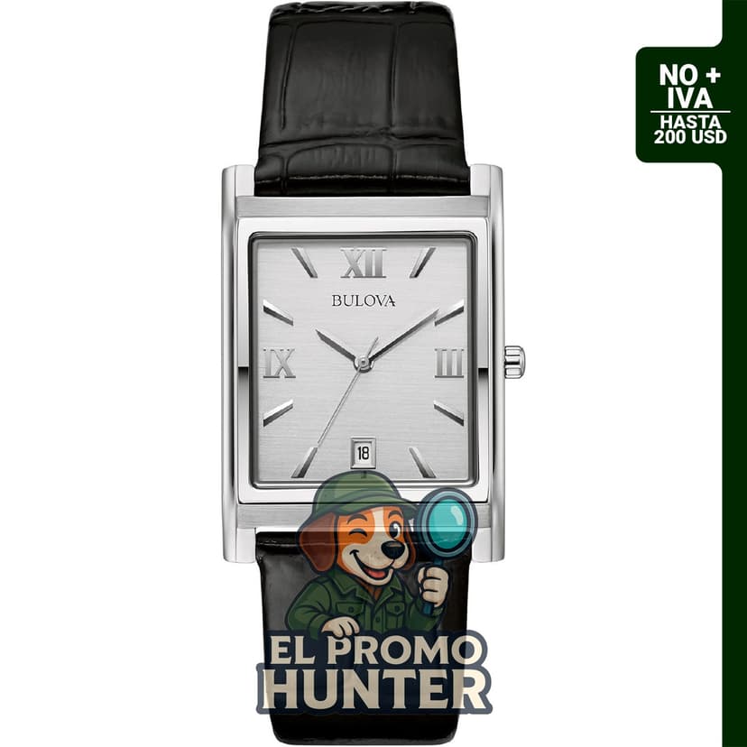 Reloj Bulova para hombre de acero inoxidable con correa de cuero negro y esfera rectangular.